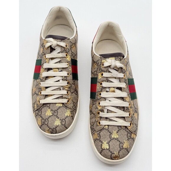 Gucci Ace Beige GG Monogram Bee Canvas Lace Up Low Top Sneaker EU 39 US 9 - Picture 8 of 12